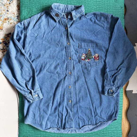 Quizz Tops - Vintage 90s Quizz Denim Button Up Shirt Sz L Christmas Bears Embroidery Winter